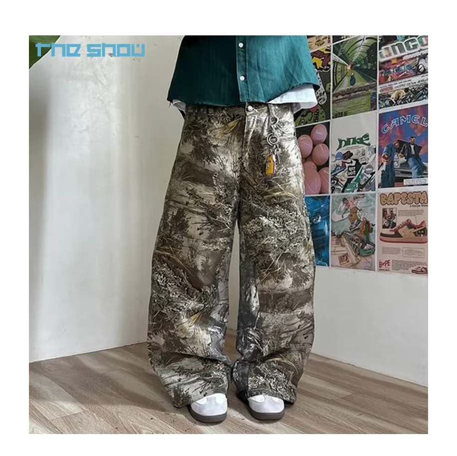 Custom Camo Extra Baggy Cargo Jeans Trouser All Over Printing Straight Leg Real Tree Camo Oversized Real Tree Baggy Jean Men