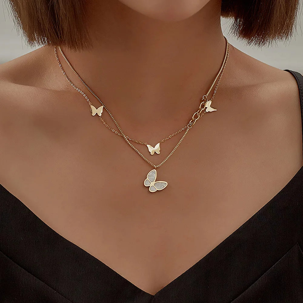 Stainless Steel  Beauty Two Layer Luxury Shell Box Chain Butterfly Necklace Jewelry