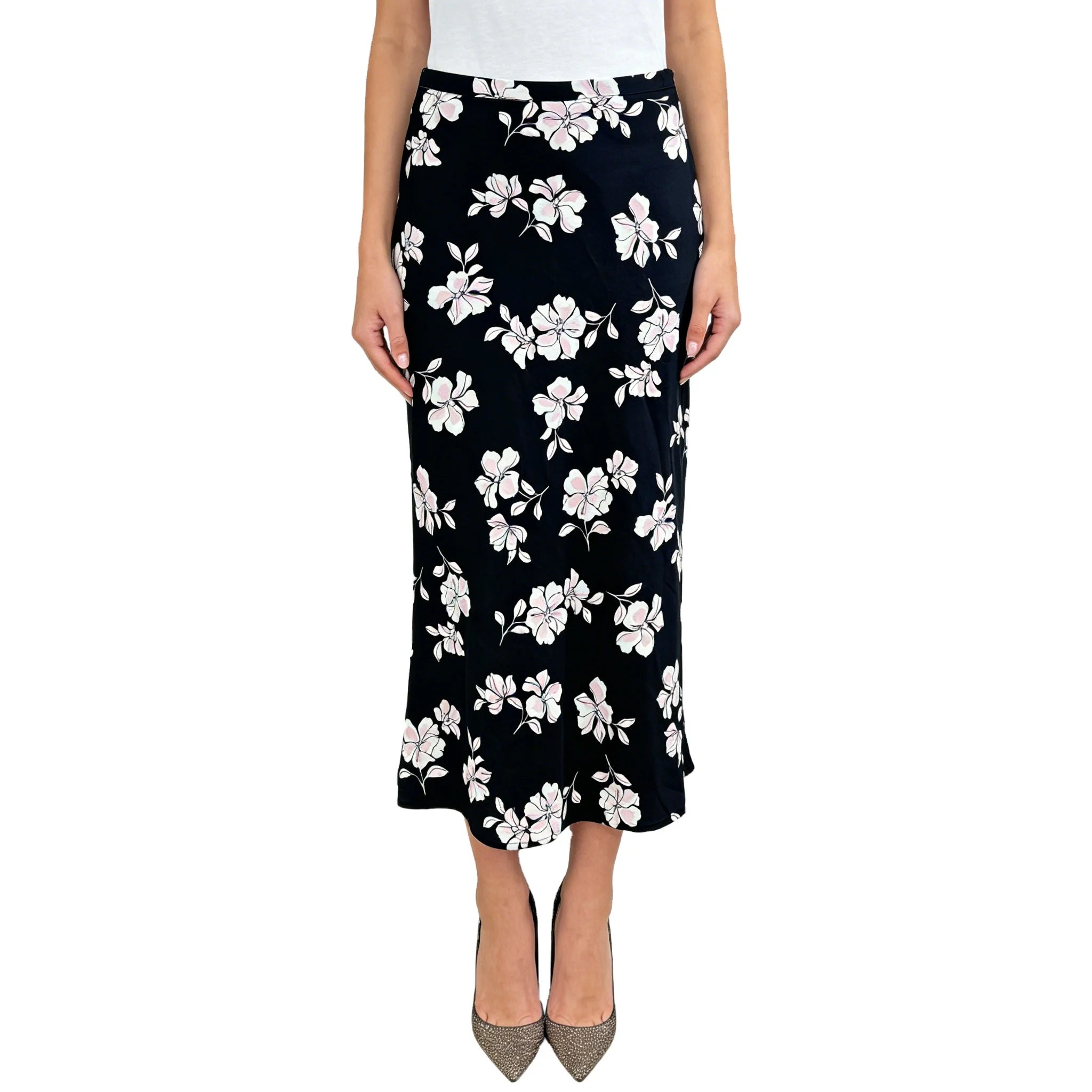 Custom Black Floral Printing Lady Designs Model Elegant Women's Straight Satin Skirts