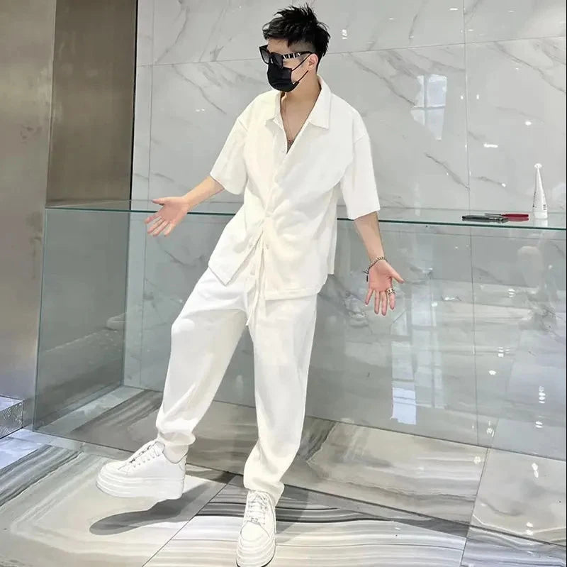 Summer Loose Oversized Lapel Two-Piece Cardigan Men'S Short Sleeved Set Ice Silk Casual Shirt and Pants Set