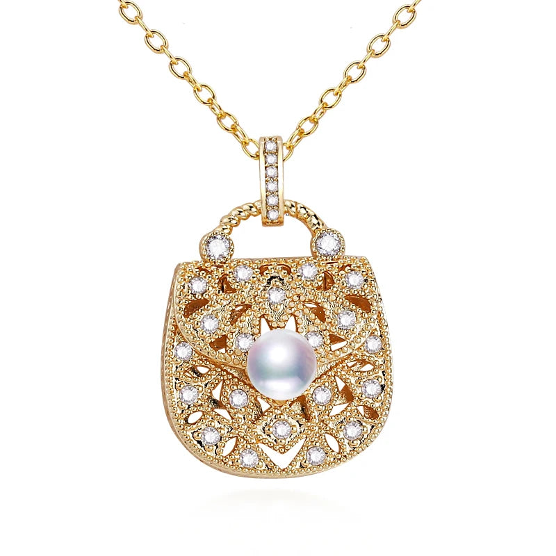Hot Sale 18K Gold Plated Handbag Charm Pearl Pendant Natural Freshwater Pearl Necklace Jewelry