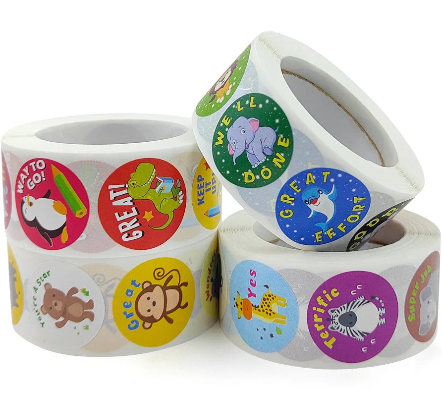 Custom Roll Waterproof Vinyl Cartoon Animal Pack Reward Stickers for Kids 500 Pcs Glossy Lamination