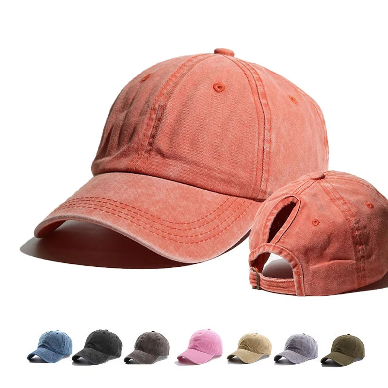 Distressed Ponytail Denim 6-Panel Baseball Caps Embossed High Ponytail Adjustable Washed Common Dad Hats Unisex Sports Four