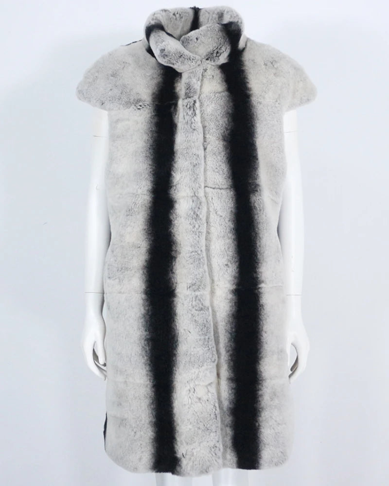 OFTBUY Elegant Slim Real Rex Rabbit Fur Vest Fashionable Cheongsam Style Long One Piece Coat Dropped Sleeves Casual Outerwear