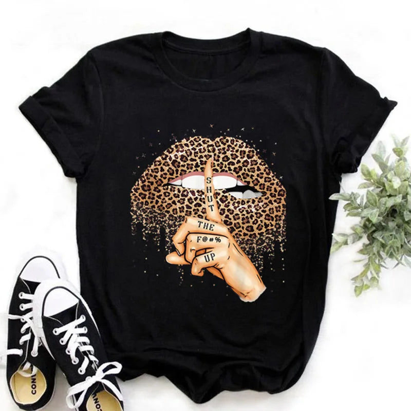 Custom logo Women Tops O-neck Sexy Black Tees Kiss Lip Funny Summer Female Soft T Shirt Lips Watercolor Graphic T Shirt Top