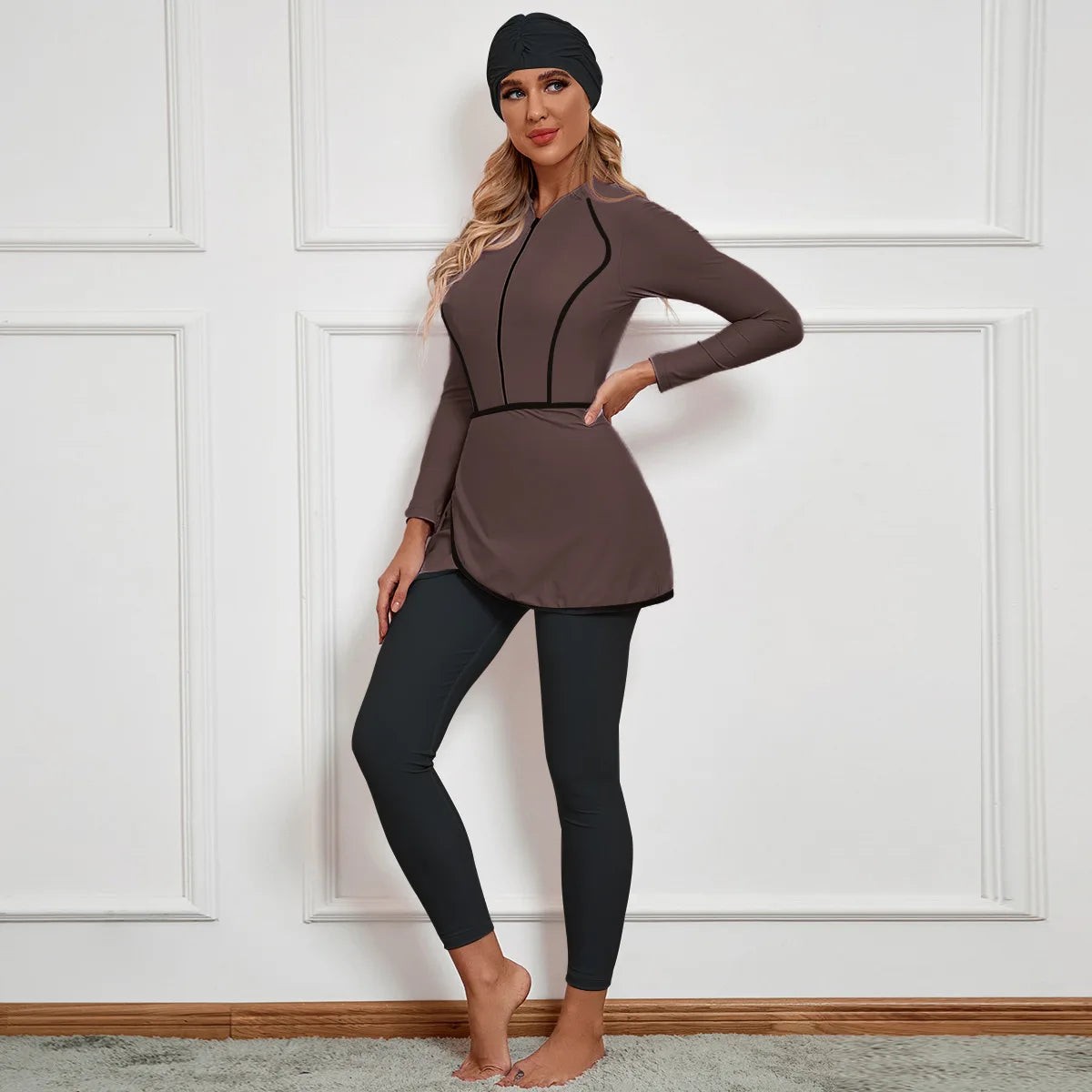 Wholesale 2023 Borkini Muslim Long Sleeve Women's Swimsuit Solid Swimsuit 4-Piece Islamic Women Modest Swimwear