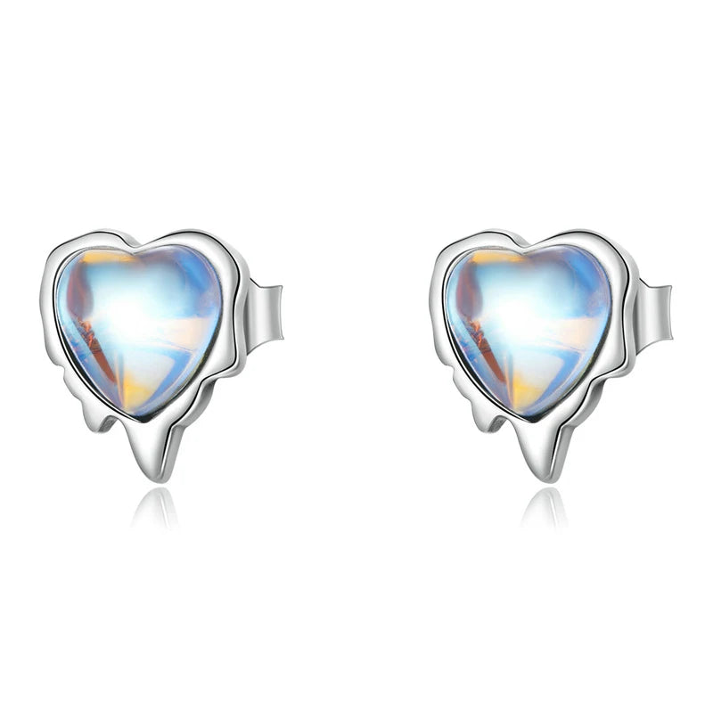 Somen Heart Shaped Moonstone Melted Heart 925 Sterling Silver Stud Earrings Women Fashion Jewelry