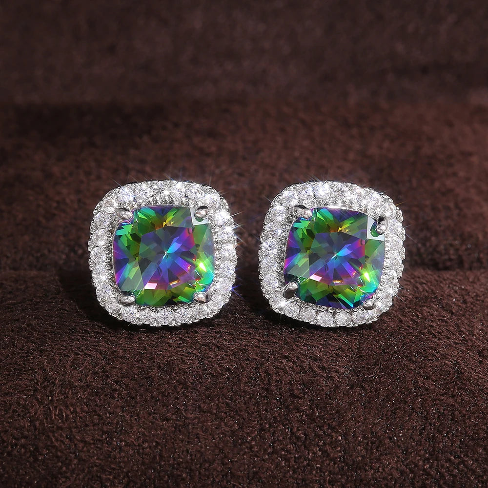 CAOSHI Rainbow Color Gemstone Stud Earrings for Women Silver Plating Magic Color Stone Square Rainbow Earrings Unisex
