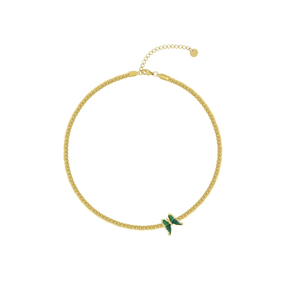 Latest 18K Gold Plated Stainless Steel Jewelry Cuban Flat Snake Chain Green Butterfly Pendant for Women Necklace P233383