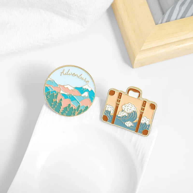 Adventure Tour Lapel Badges New Travel Enamel Pins Metal Crafts Bag Brooches Mountains Waves Camping Motifs for Suitcase Journey