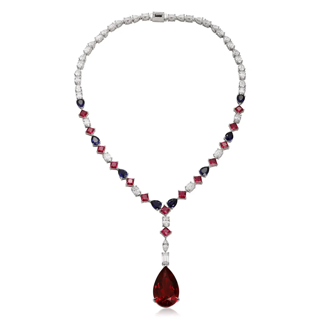 Delicate Luster Jewelry 925 Sterling Silver S925 Sterling Silver Pear Synthetic Ruby & Sapphire Necklace for Women