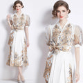 Elegant Women's Dress Women's 2024 New V-neck Bubble Sleeves Luxury Printed Plus Size Long Dress