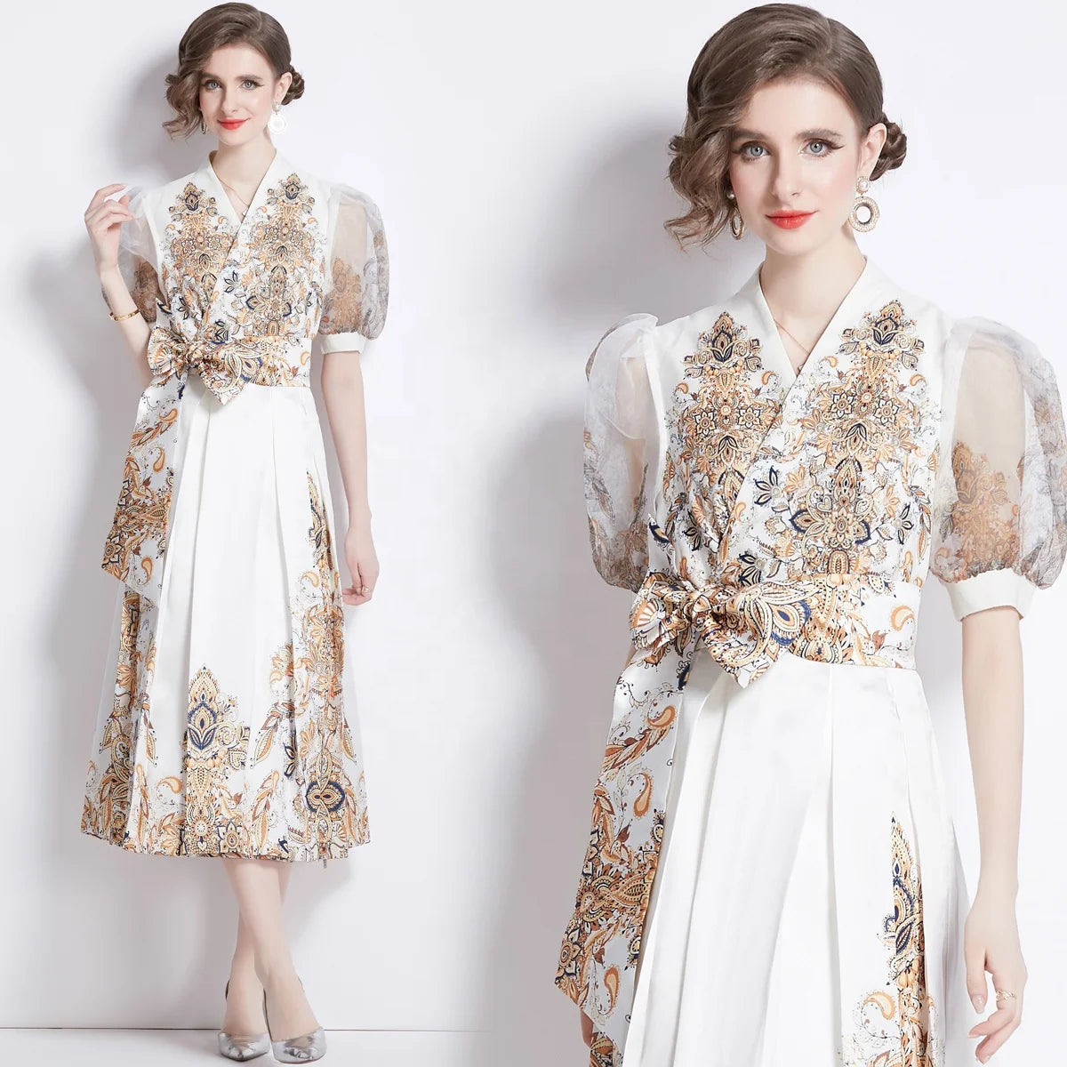 Elegant Women's Dress Women's 2024 New V-neck Bubble Sleeves Luxury Printed Plus Size Long Dress