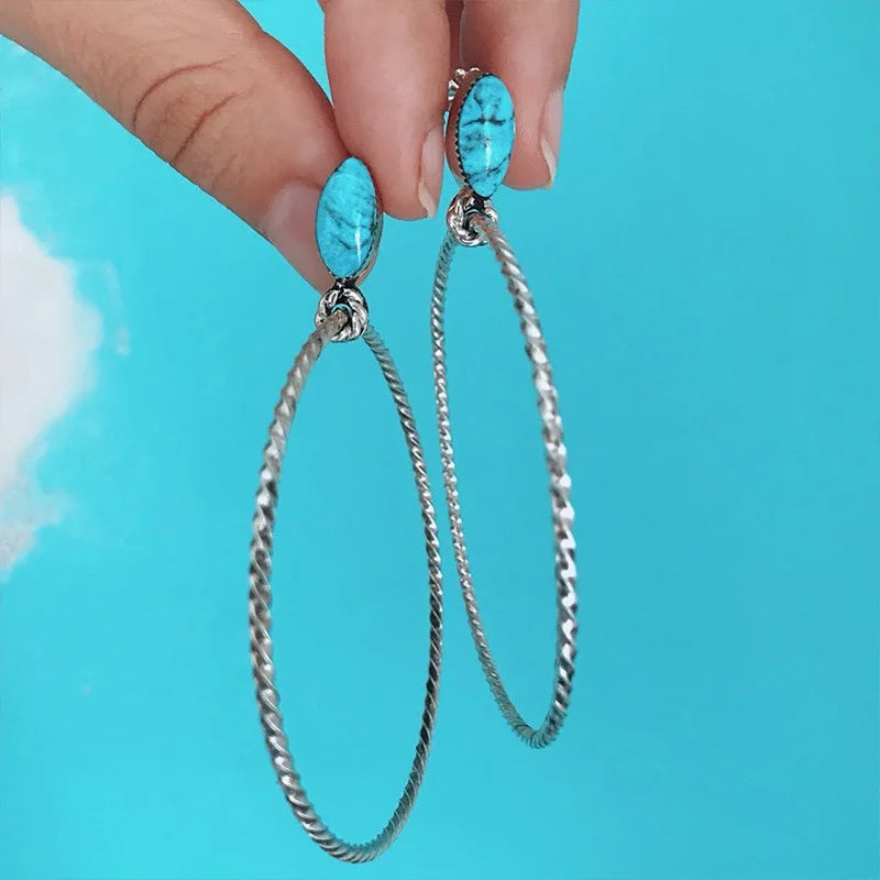 Western Vintage Turquois Stone Twist Again Large Hoop Dangle Earrings for Women