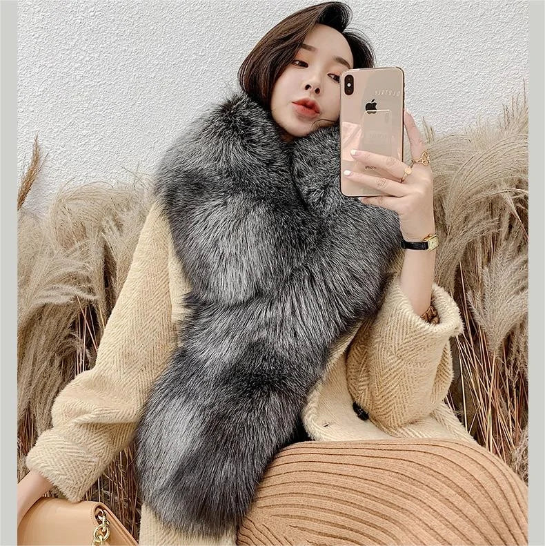 Women's Winter Thick Warm Real Fox Fur Scarf Custom Big Long Tail Collar Wholesale Real Fur Accessory