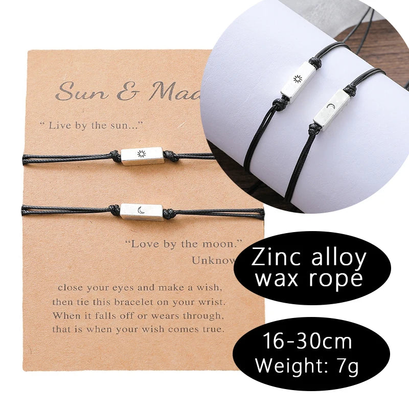 2pcs/set Sun Moon Charm Bracelets Handmade Braided Rope Adjustable Couple Friendship Bracelets for Women Men Gift