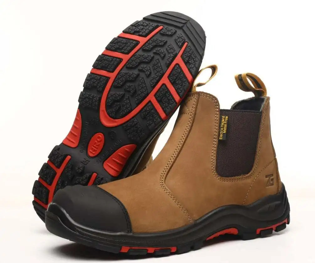 ZG L603 Men's Brown Nubuck Crazy Horse Leather Safety Boots High Quality No Lace Design PU TPU Outsole Winter Safety Boots for