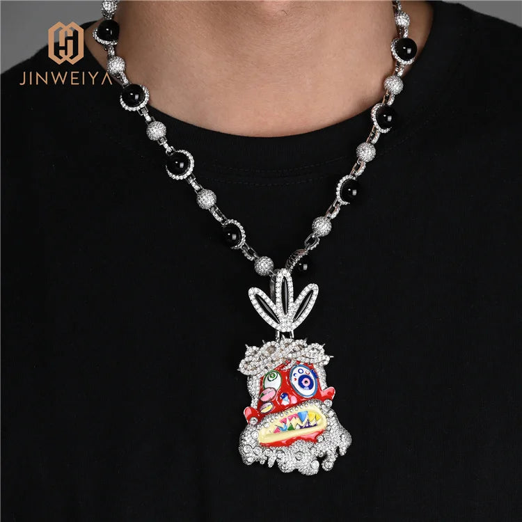 JWY 18K White Gold Iced Out Hip Hop Pendant with Black and White Pearl Necklace Big and Shiny Jewelry Ready to Ship