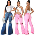 Womens Ripped Wide Leg Jeans Denim Bell Bottom Pants Pink Destroyed Lace up Flared Trousers Bootcut Jeans