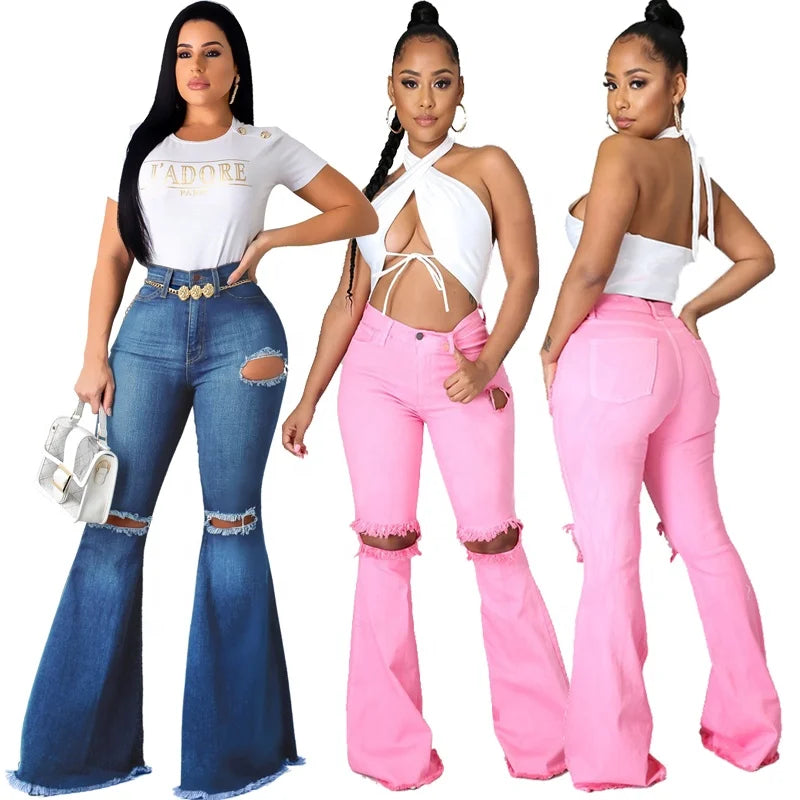 Womens Ripped Wide Leg Jeans Denim Bell Bottom Pants Pink Destroyed Lace up Flared Trousers Bootcut Jeans