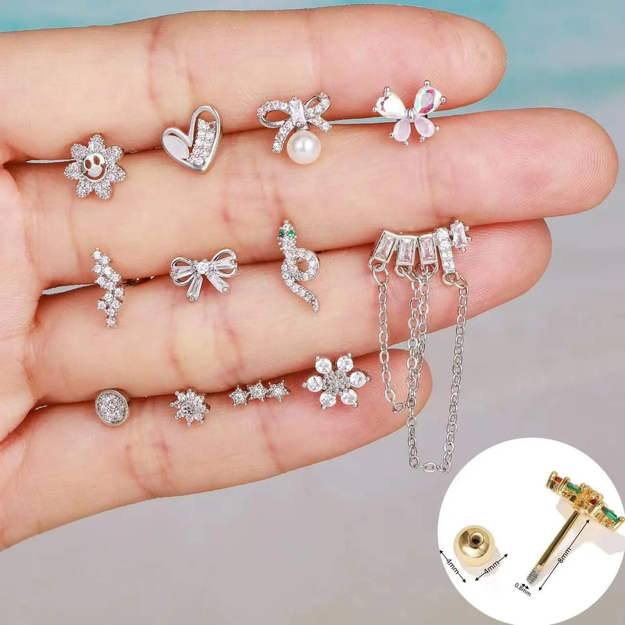 Gaby New Gold Plated Butterfly Bee Flower Dangle Tragus Earrings Trendy CZ Ear Piercing Body Jewelry