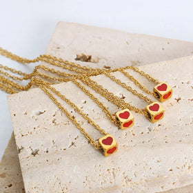 New Stainless Steel 18K Gold Plated Love Peach Enamel Red Heart Cube Necklace for Valentine's Day Gift