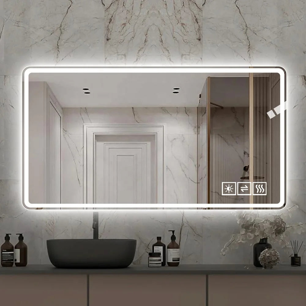 48*32 Inch Modern LED Anti-Fog Lighted Vanity Mirror 3 Colors 5 Level Dimmable Wall Mounted for Hotel Bathroom Use