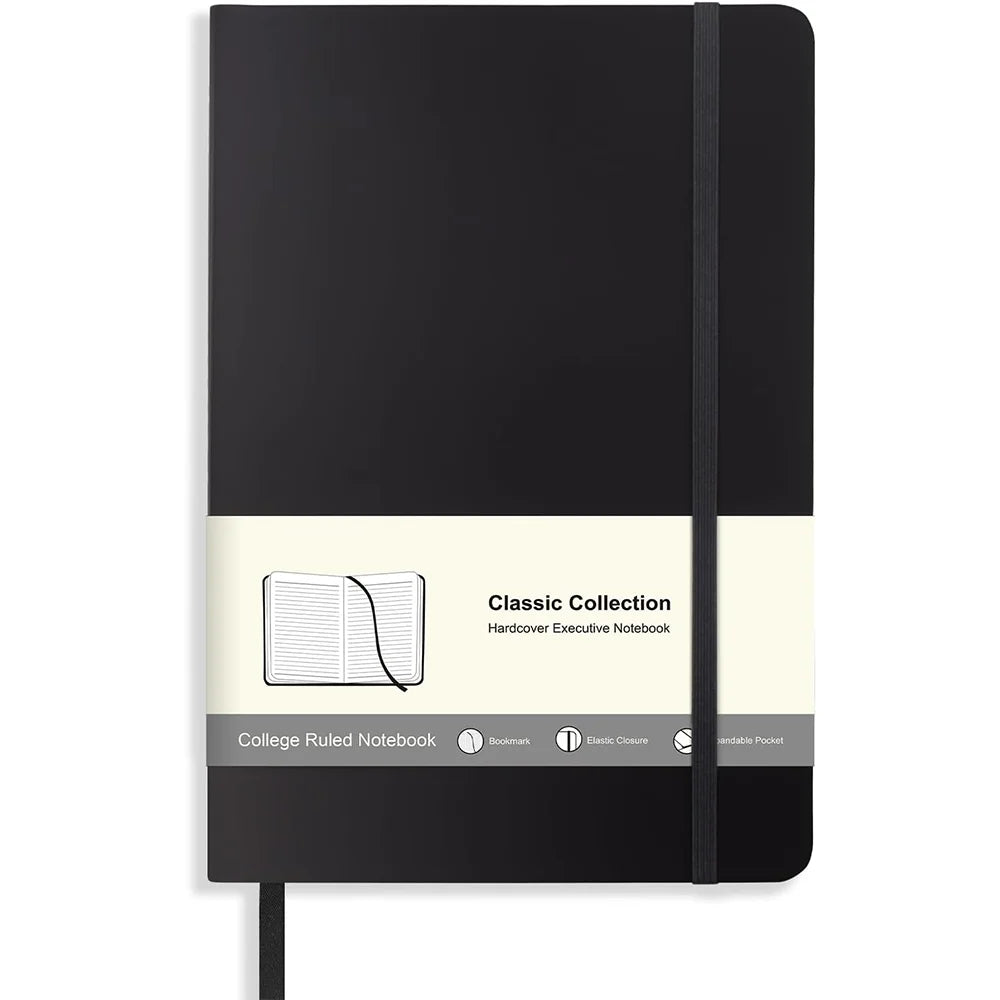 A5 Notebook Journal 120 Sheets Lined Writing Book Black Hardcover Classic Ruled Memo Pad Work Home Travel Daily Record