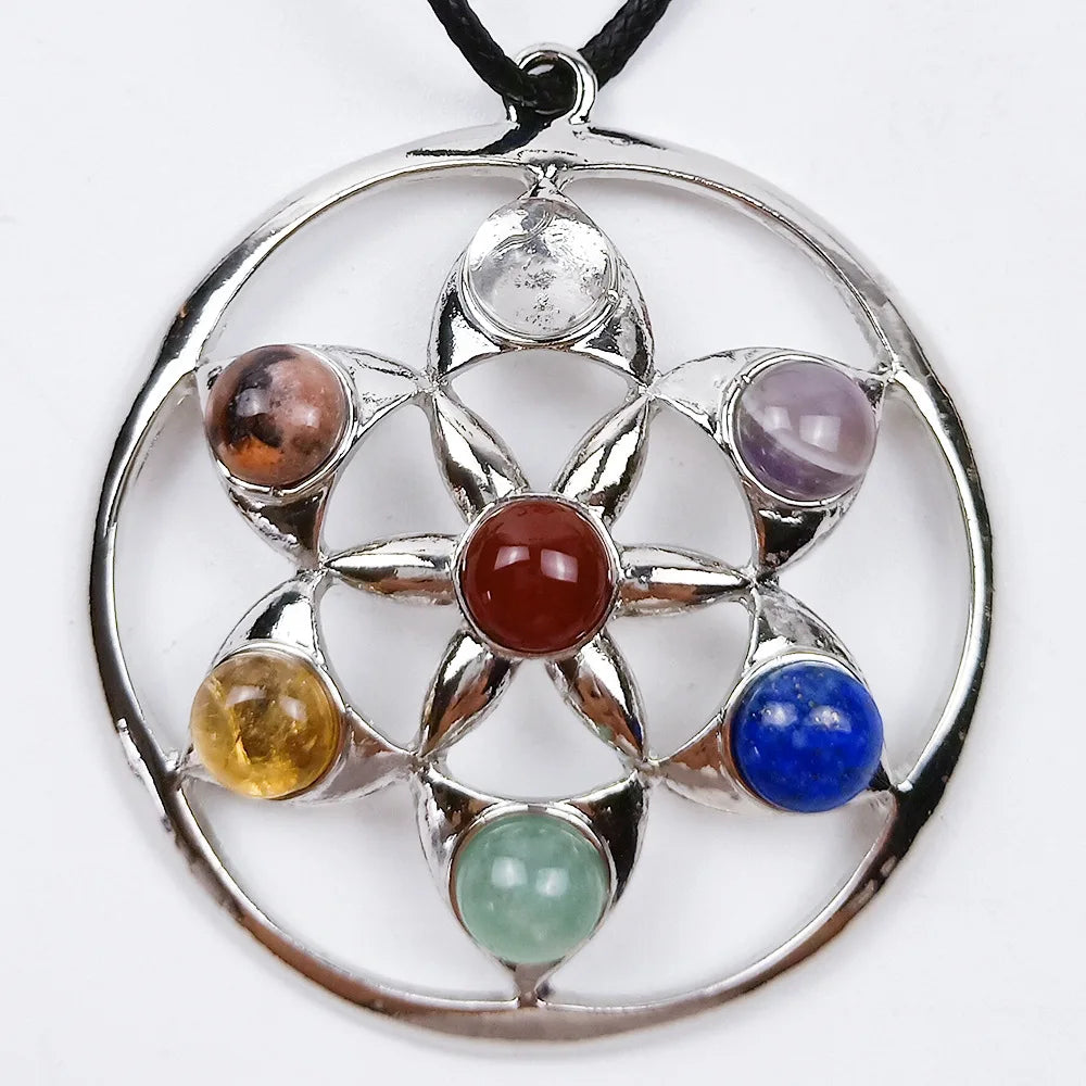 HZ Various Choice of Gemstone Rainbow Silver Healing Stones Flower Chakra Pendant Jewelry