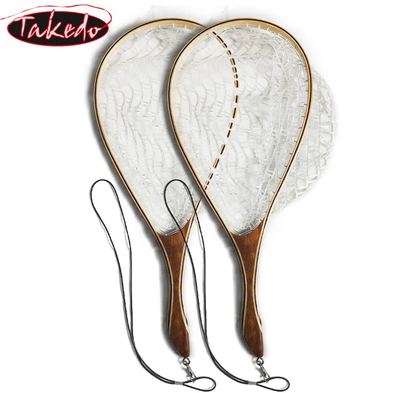 TAKEDO Fly Fishing Landing Net Soft Rubber Mesh Trout Net Waterproof Birch Wooden Handle Catch and Release Net