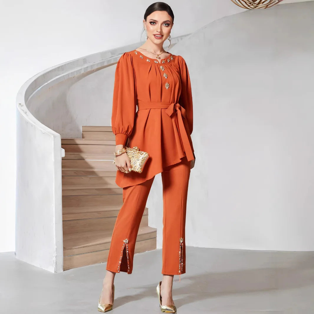 UNI Muslim Women's Casual Set Tops Blouse Muslim Dress Abaya Dubai Kaftan Islamic Abaya Suit Two Piece Set