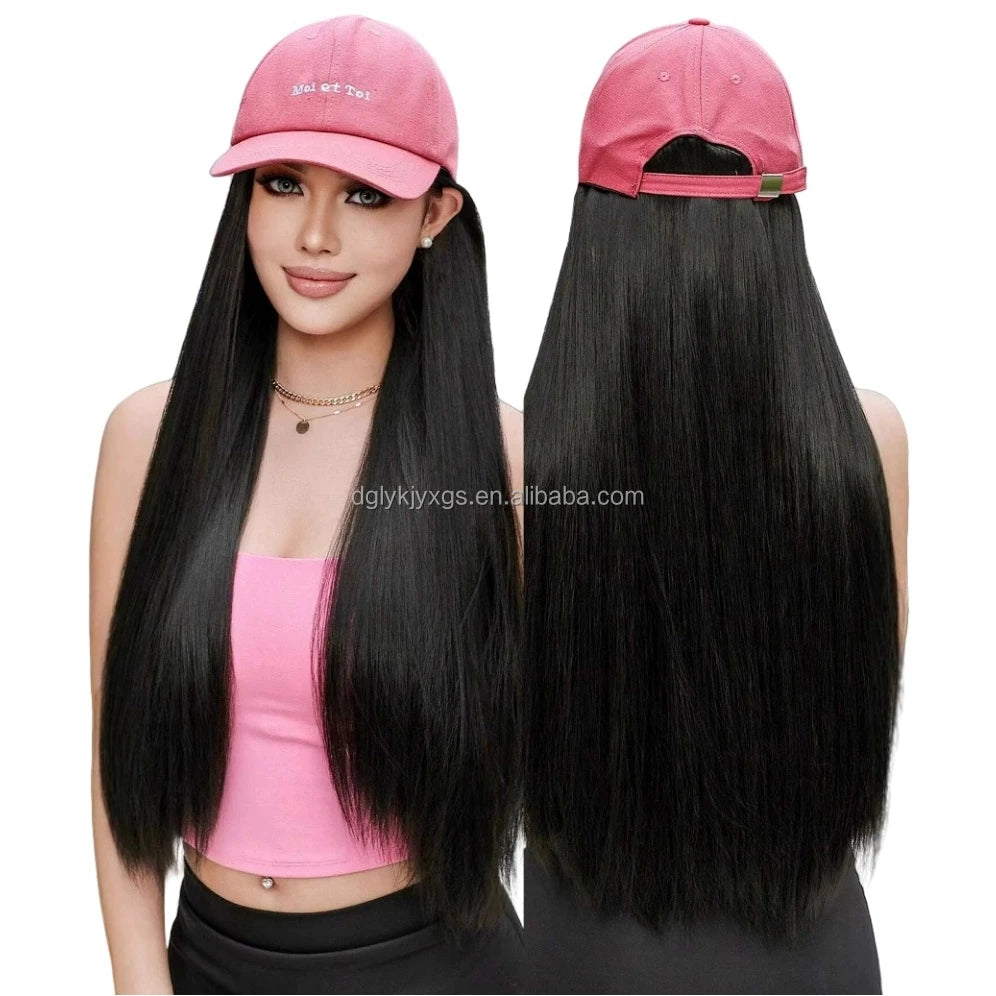 baseball cap Hair Wig 26inch Straight Synthetic Wigs Pink peaked cap Wigs Suitable for outdoor wear by European American women MegaBDM