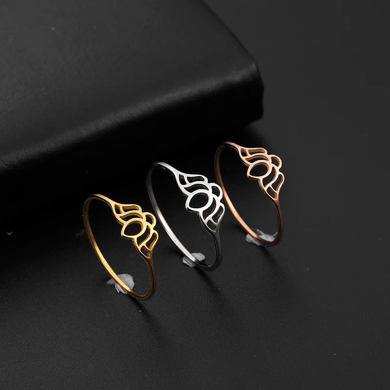 Lotus Flower Finger Rings Women Shiny Stainless Steel Casual Ring Gold Color Wedding Anniversary Jewelry Birthday Gift