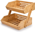 Kitchen Countertop 2-Tier Bamboo Fruit Vegetables Storage Stand Well-ventilated Wood Display Basket for Fruit