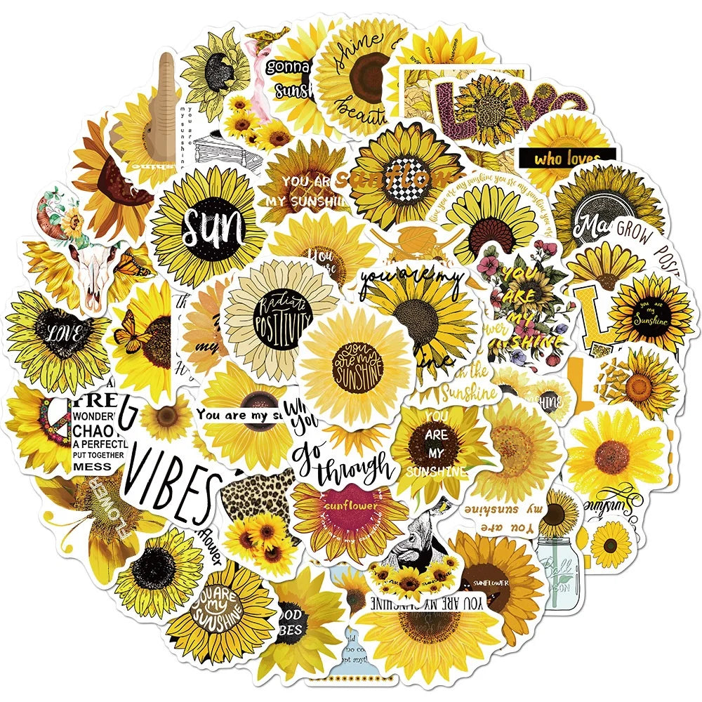 50Pcs Cute Sunflowers Yellow Plants Die Cut Sticker for Girl Paper Decoration Waterproof Bottle Vsco Stickers