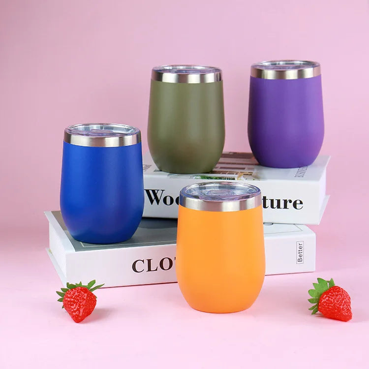 Factory Price 12oz Double Wall Tumbler Egg Shaped Coffee Mug Stainless Steel Cup with Lid and Straw