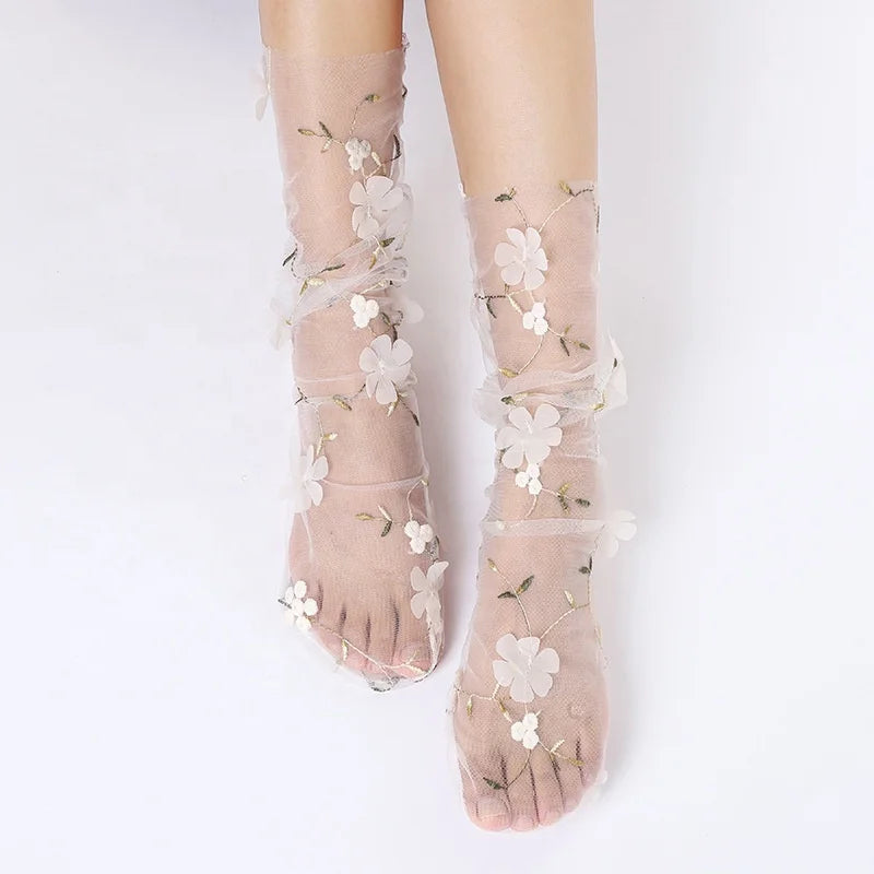 Wholesale Summer Floral Thin Breathable Mesh Socks Women Girl Tulle Sheer Socks