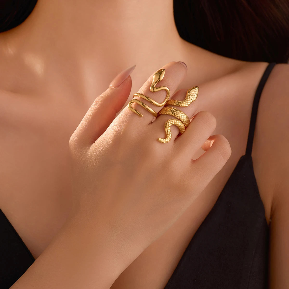 Solid Gold Jewelry Women Stainless Steel Pvd Gold Snake Ring Open Adjustable Statement Finger Rings
