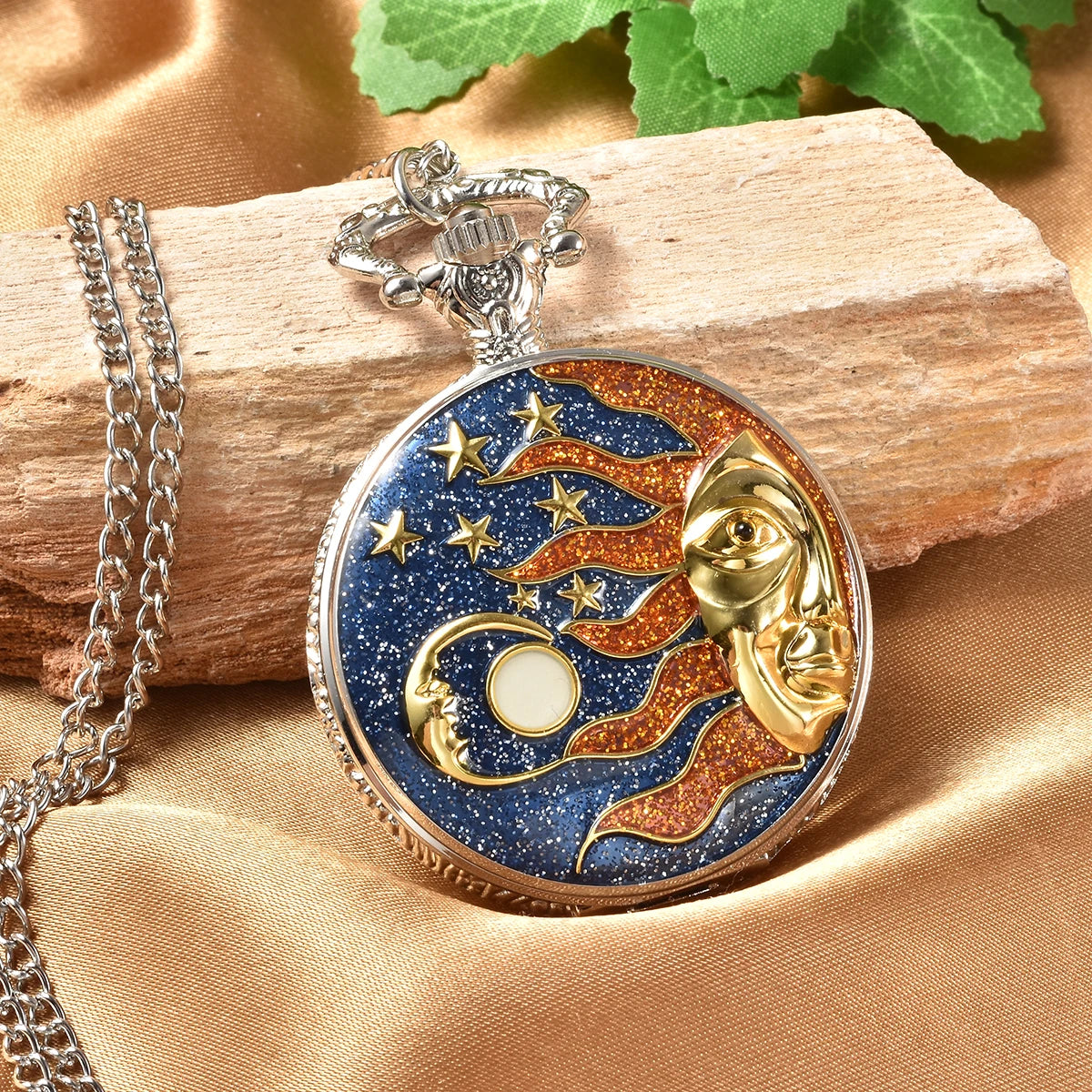 Vintage Erotic Antique Stars and Moon Pocket Watch Necklace Pendant