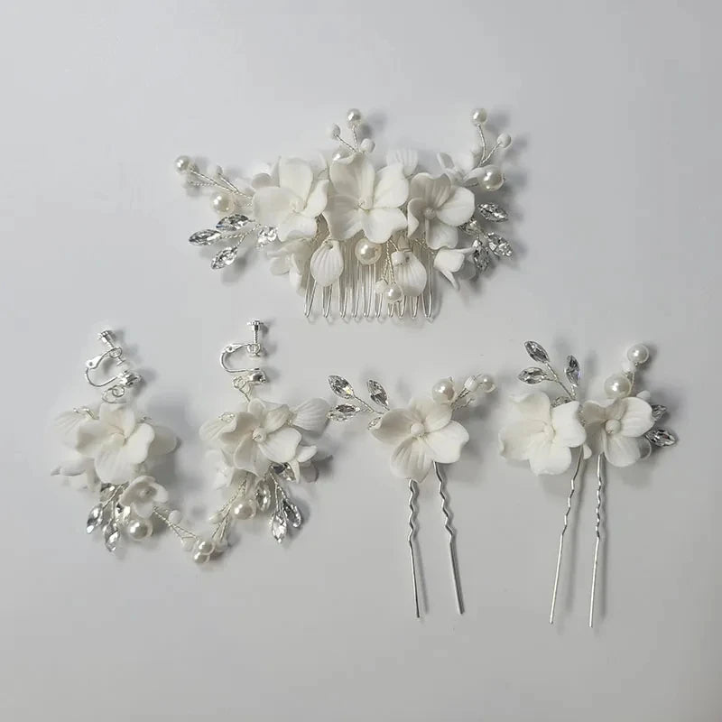 SLBRIDAL Handmade Rhinestones Pearls Porcelain Flower Bridal Hair Comb Hair Pin Earring Wedding Hair Accessories Women Jewelry