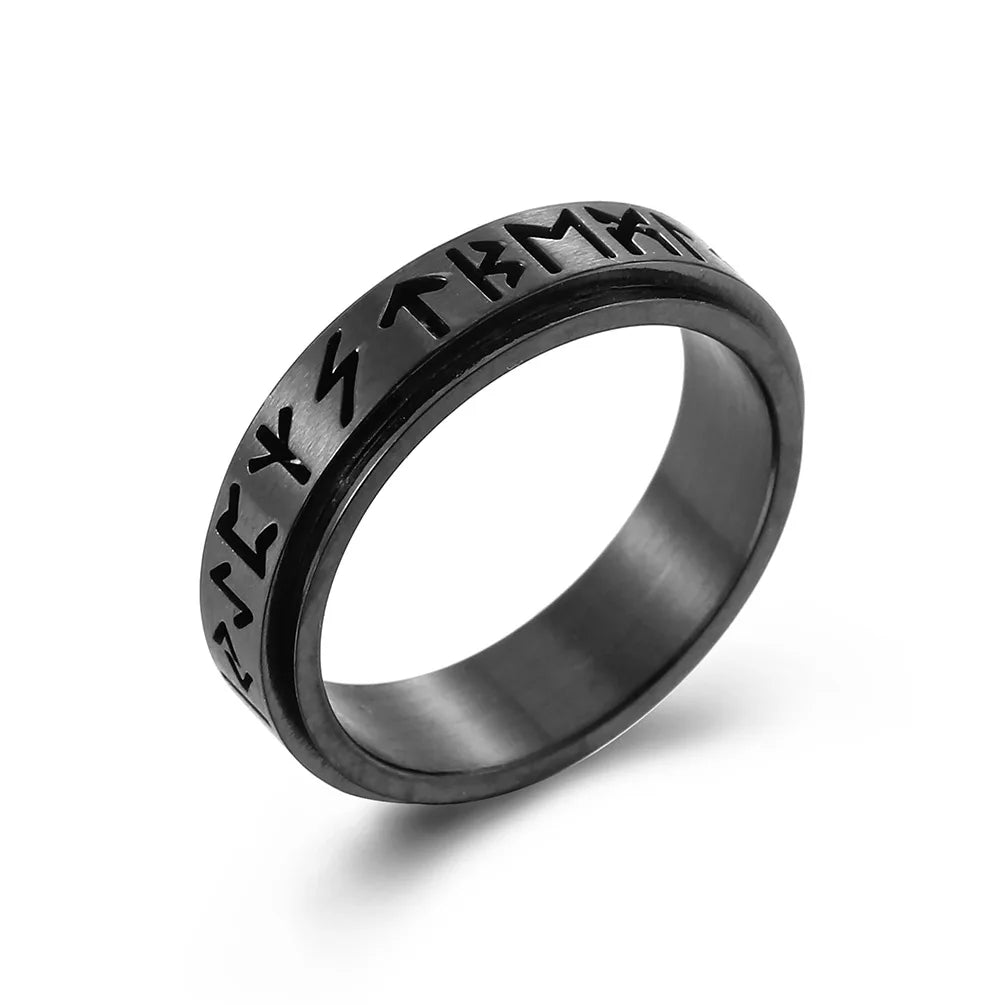 Waterproof Nordic Jewelry Black Rune Spinner Vikings Rings for Men Stainless Steel