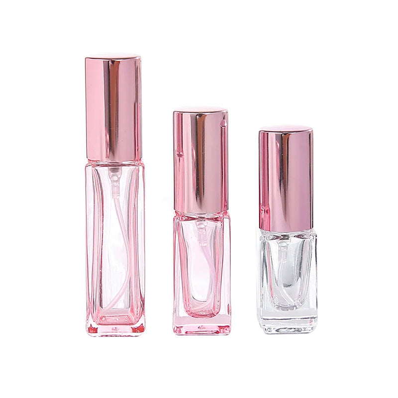Empty 5ml 9ml Small Rectangle Refillable Glass Perfume Spray Bottle With Rose Gold Aluminum Sprayer Top