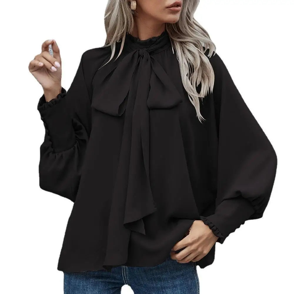 Wholesale Fashionable Casual Elegant Women Long Sleeve Round Neck Ruffle Bubble Chiffon Blouse Bow Knot Collar Loose Shirt