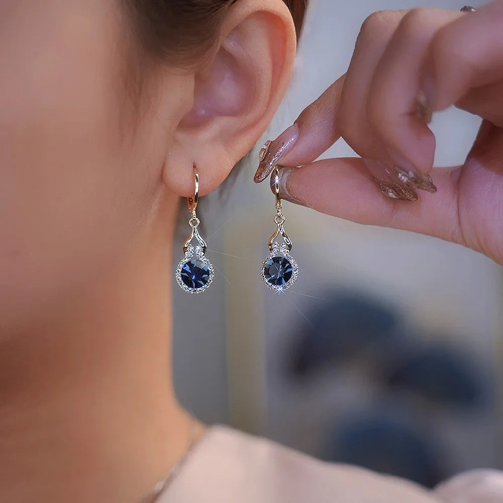 Zooying  Retro S925 Silver Needle Blue Crystal Round Fashion Drop Earrings  for Women