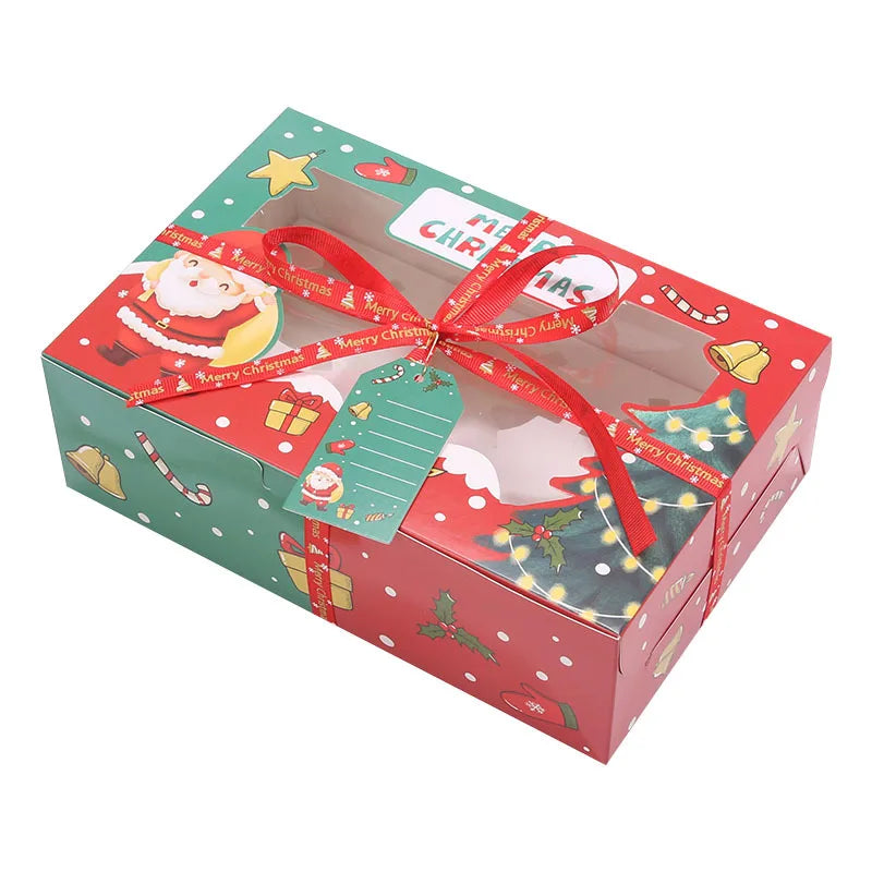 Christmas Kraft Paper Cupcake Gift Box with Open Window 4 Holes for Mousse Dessert Transparent Christmas Cupcake Displays