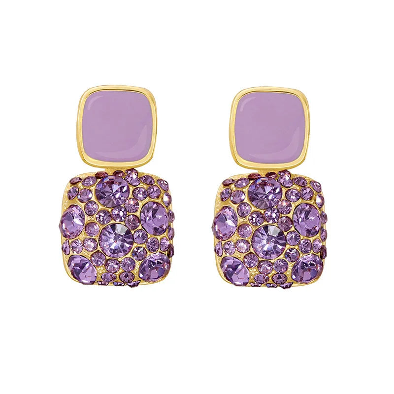Fashion Retro Square Earrings 925 Silver Purple Crystal Rhinestone Drip Oi LDrop Earrings for Women