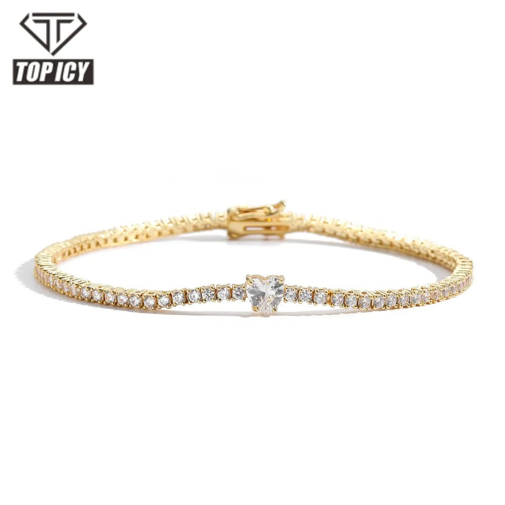 TOP ICY Women' Tennis Chain Bracelet 2MM Heart-Shaped Link Chain with Love Heart CZ Cute Style Valentine's Day Gift