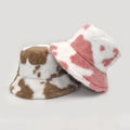 Women Winter Thick Warm Cow Pattern Imitation Rabbit Fur Knit Bucket Cap Travel Fishing Fisherman Flat Top Hat
