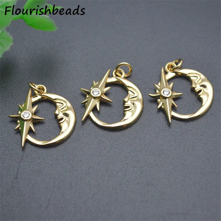High Quality Nickel Free Anti Fading Gold Plated CZ Pave 14x15mm Hollow Round Sun Star Moon Face Charms for Jewelry Making
