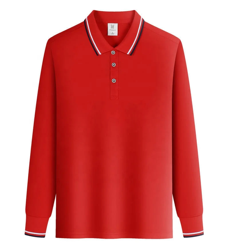 Men's Long Sleeve for Polo Shirts Custom Logo Printed Breathable Polyester Solid Color Plain Dyed with Embroidery Knitted Fabric